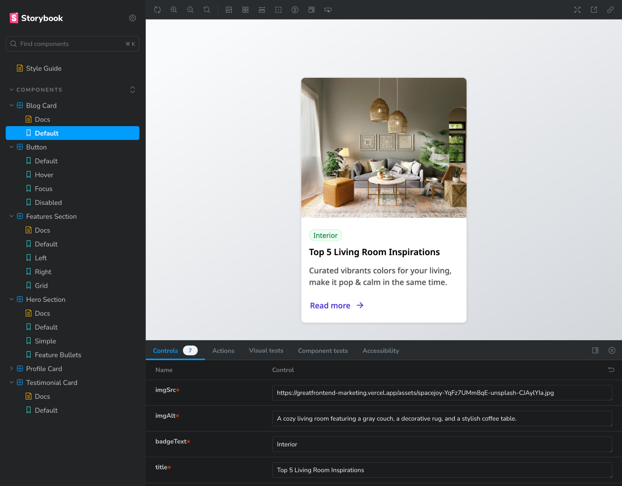 Screenshot of displaying a Storybook list of design components for greatfrontend marketing