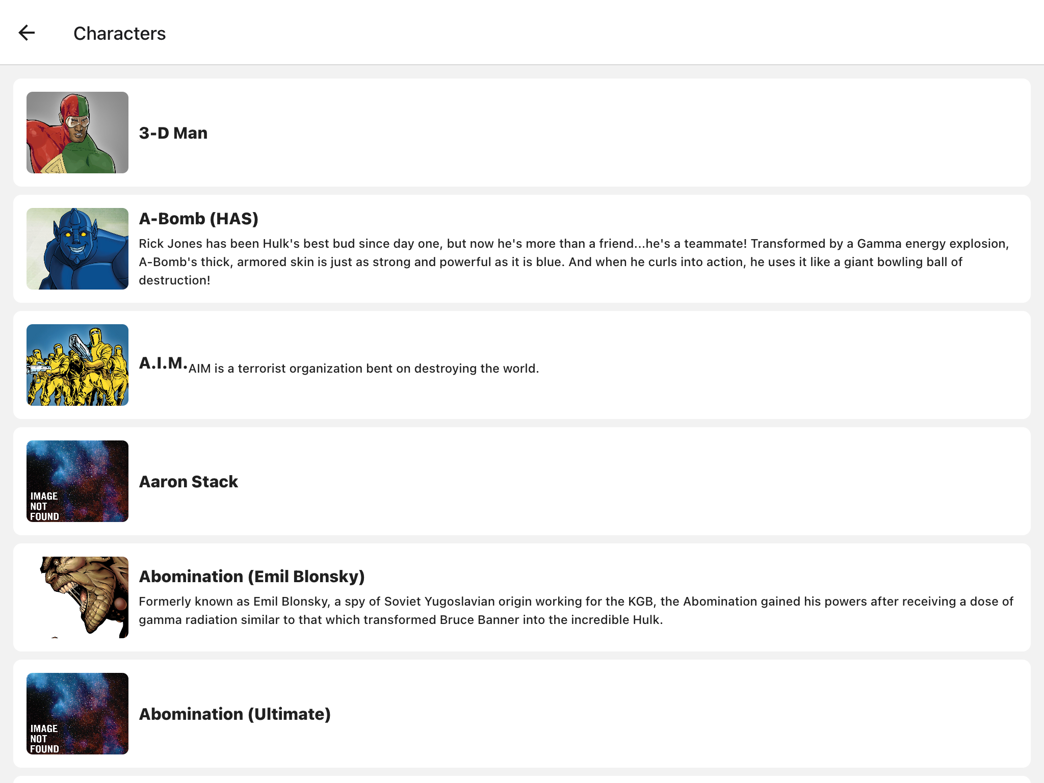 An app interface showcasing different types of books, highlighting a list of Marvel characters for users to explore.