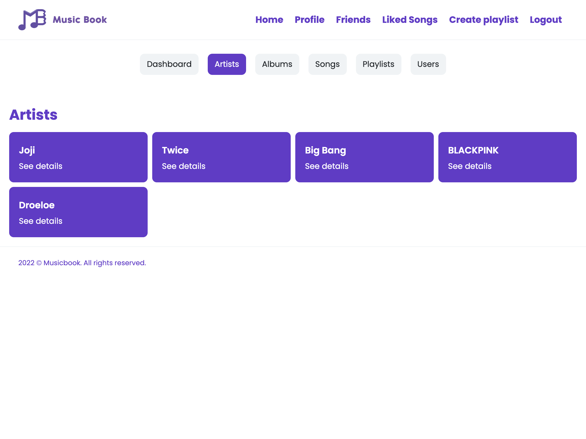 A music app showing a list of artists, with a music book featured on the website for easy access.